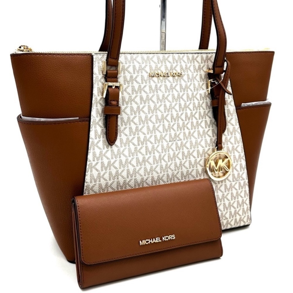 Michael Kors Large Charlotte Tote Bag & Trifold Wallet Set Vanilla/Brown